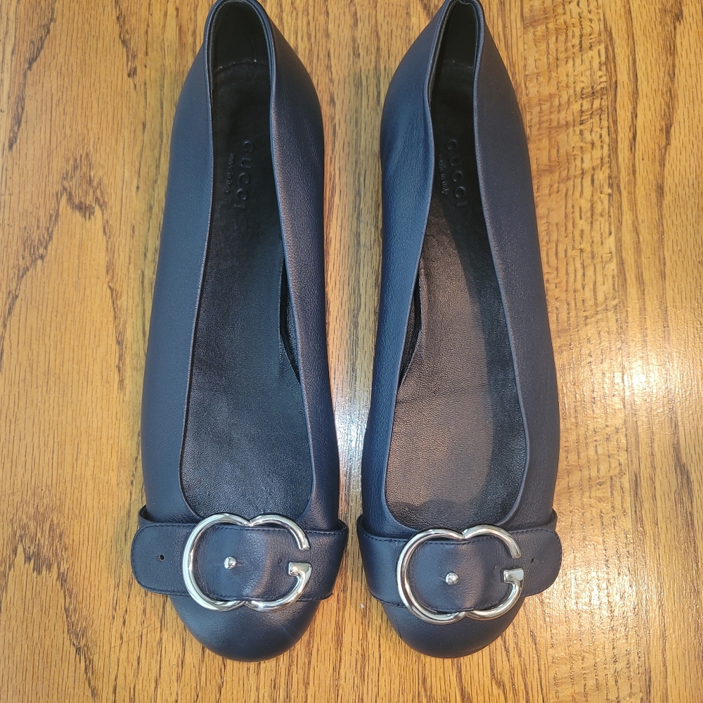 Gucci Round Toe Navy Blue Genuine Leather Silver GG Logo Flat Loafers Shoes